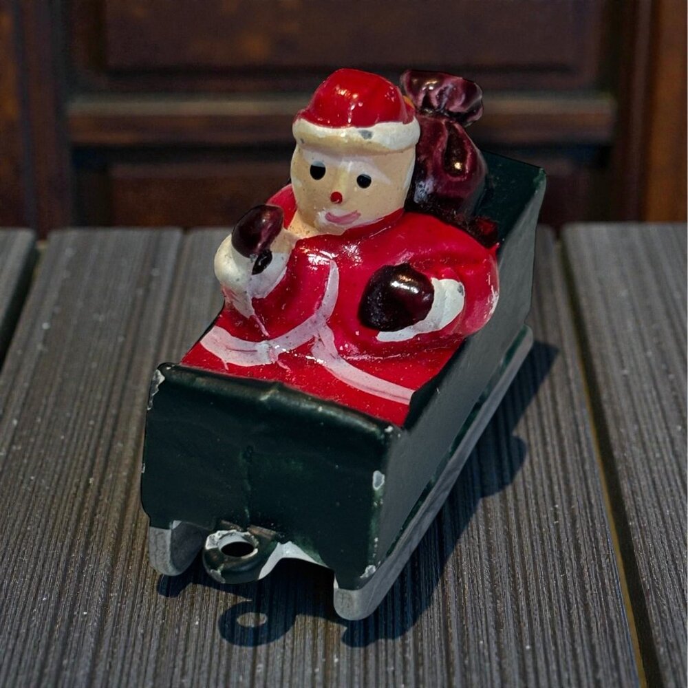 Vintage Miniature Santa In Sleigh Metal Christmas Ornament Decoration 1"